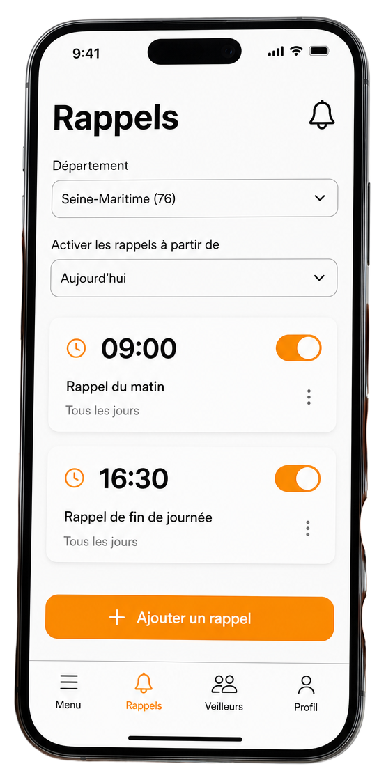 Main tenant un smartphone affichant l'écran des rappels de l'application Veilla